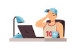 Disappointed upset man or teen with laptop, flat vector illustration isolated.