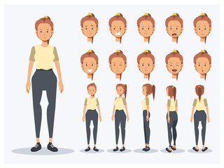 Wall Mural - Set of Flat Vector Character woman wear casual clothing with various views, Cartoon style.