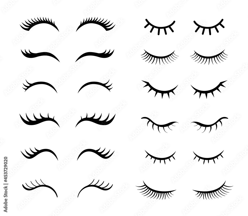 Eyelashes for girls simple vector illustrations set. Collection of mascara styles for makeup, closed girly eyes with beautiful lashes isolated on white background. Beauty, fashion, makeup concept - obrazy, fototapety, plakaty 