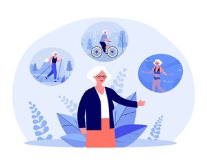 Wall Mural - elderly woman nordic walking, riding bicycle and swimming. old lady with active and happy life flat 