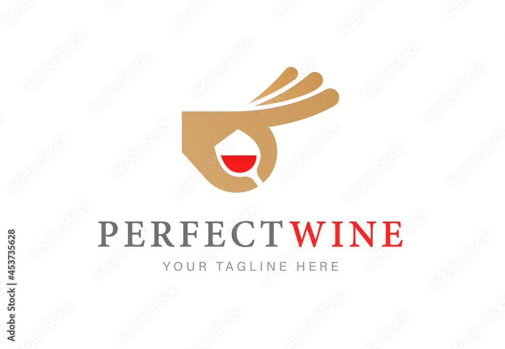 Elegant logo with glass of red wine and hand gesturing OK isolated on ...
