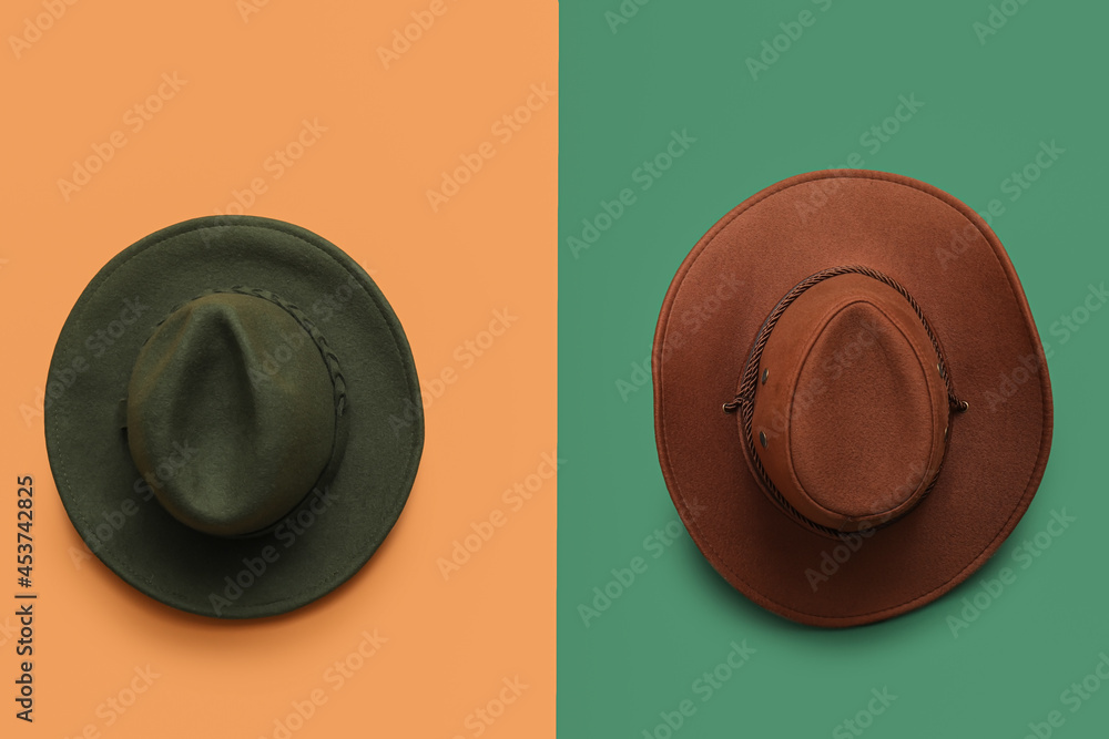 Stylish hats on color background