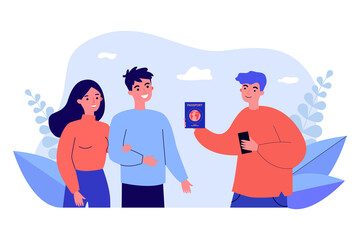 Young man showing passport to couple. Flat vector illustration. Registration of foreign, international, vaccination passport for travel, work. Documentation, travel, immunity concept for banner design