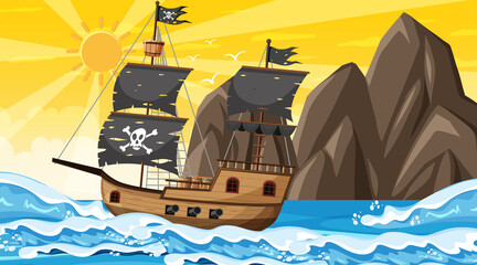 Ocean with Pirate ship at sunset time scene in cartoon style