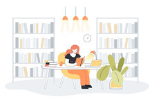 Young Woman Reading Book In Library Interior. Flat Vector Illustration. Cartoon Lady Studying In Room With Book Wall, Sitting At Desk With Laptop And Lamp. Education, Library, Reading Concept