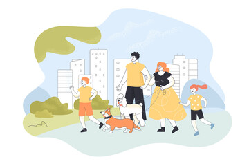 Wall Mural - Family on walk in modern city park flat vector illustration. Happy parents, mom, dad, children, son, daughter walking dogs together in nature. Family, love, pet, animal, nature, leisure concept