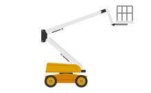 Boom Lift Or Cherry Picker Vector Icon. Aerial Work Platform Or Elevator. Consist Of Telescopic Boom, Bucket Operated By Hydraulic. For Transport, Maintenance, Construction, Service At Height Level.