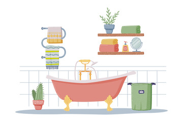 Wall Mural - Bathroom or Washroom Interior with Towel Rail, Bathtub and Laundry Basket Vector Illustration