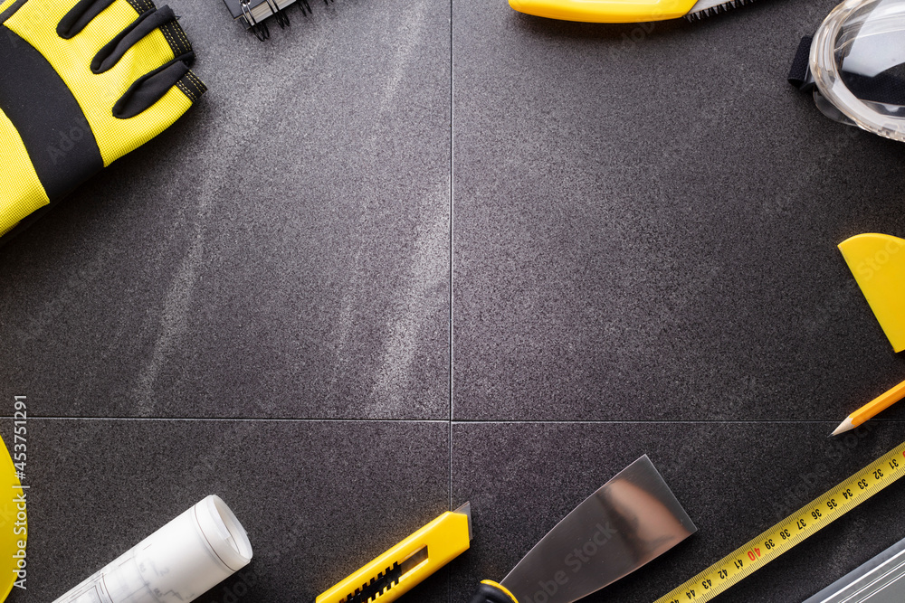 Contractor Yellow Contractor theme. Plans, tool kit of the contractor, yellow hardhat and ...
