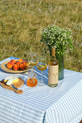 Tasty food and drink for romantic picnic on table outdoors