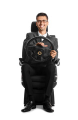 Sticker - Businessman in car seat and with steering wheel on white background