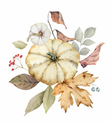 Wall Mural - A watercolor vector bouquet for Thanksgiving, a greeting arrangement with colorful pumpkins.