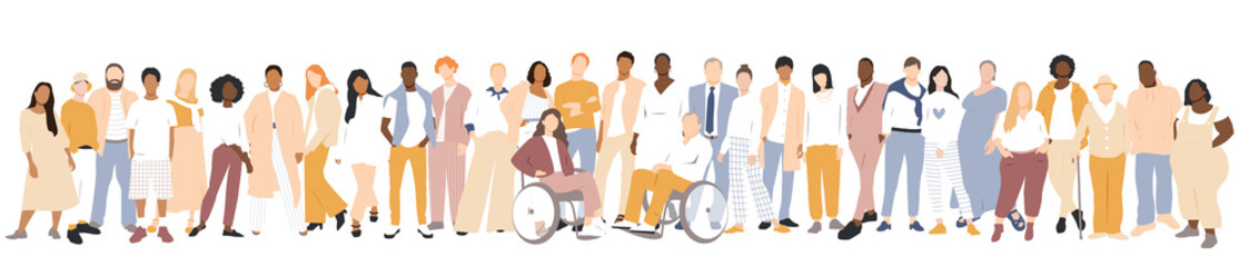 People of different ethnicities stand side by side together. Flat vector illustration.