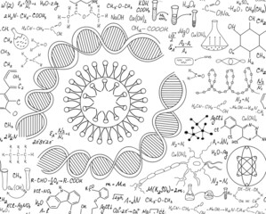 Poster - Scientific chemistry vector seamless pattern with handwritten formulas, dna strands and viruses