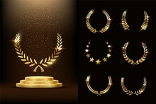 Golden Podium With Laurels And Stars Glowing. Gold Stage With Glitter And Light Smoke On Dark Background Set. Hollywood Fame In Film And Cinema Or Championship In Sport Vector Illustration