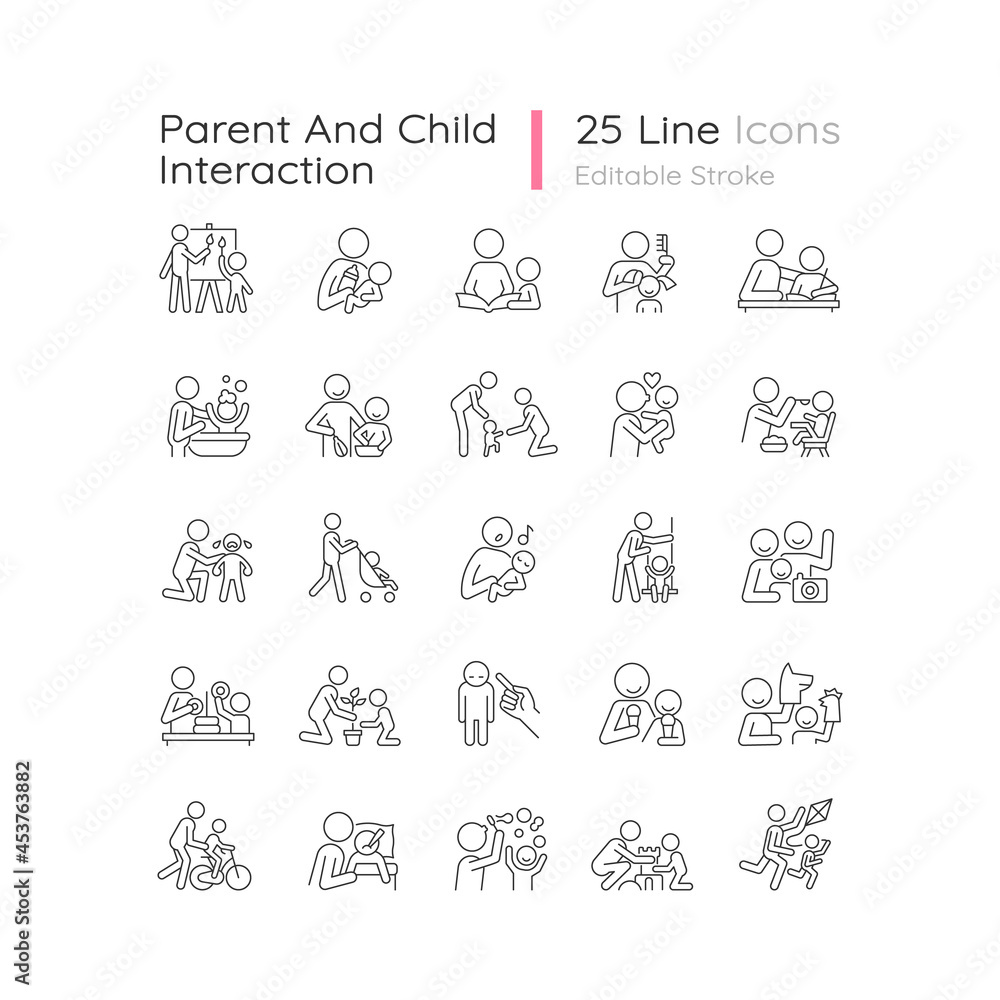 Parent and child interaction linear icons set. Building emotional ...