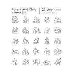 Poster - Parent and child interaction linear icons set. Building emotional closeness. Bonding activity. Customizable thin line contour symbols. Isolated vector outline illustrations. Editable stroke