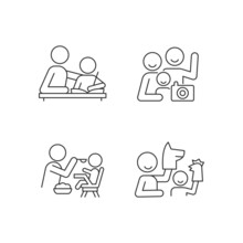 Effective Parenting Style Linear Icons Set. Helping With Homework. Family Portrait. Feeding In Highchair. Customizable Thin Line Contour Symbols. Isolated Vector Outline Illustrations. Editable Stroke