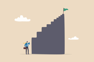 Wall Mural - First step is hardest, learning curve or overcome difficulty when start new business, challenge to succeed in work concept, discouraged businessman looking at high steep first step of success stairway