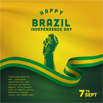 square banner illustration of brazil independence day celebration. waving flag and hands clenched. v
