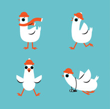 Funny Cartoon Goose In Different Poses. Vector Seagull Character In Clothes