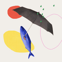 Autumn Rain Contemporary Art. Fish Holding Umbrella On Rainy Autumn Day