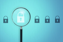 Magnifier Zooming In On Padlock Icon On Blue Background. Web Secuirty Concept. 3D Rendering.