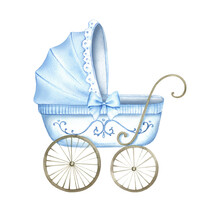 Blue Stroller For Baby Boy.Watercolor Hand Painted  Illustrations Isolated On White Background.