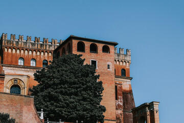 Canvas Print - Vertical shot of a brown old stony building with tree against blue sunny sky in Rome, Italy