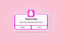Pink Reminder In 3d Design Mockup. Notifications. Web Banner. Concept Web Design, Website Page Development. Email Marketing, Online Advertising Concept. Calendar Reminder