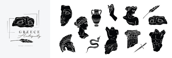 Set of antique marble statues with broken elements. Greek classic ancient of Venus, amphora. Modern tattoo and logo. Hand drawn mythical trendy Vector