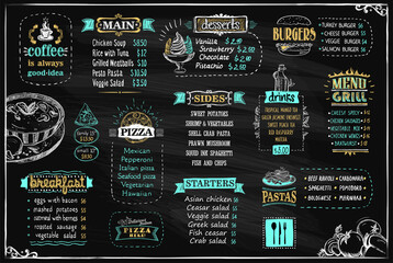 Sticker - Chalk menu list on a blackboard, vector design template for cafe or restaurant