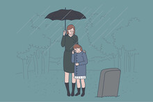 Family Grief And Loss Concept. Sad Crying Mother And Daughter Standing On Cemetery Near Fathers Grave Feeling Depressed And Broken With Loss Vector Illustration