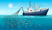 Seiner Hunting Fish. Concept Of Industry Ship In Working Process. Horizon With Clouds And Sun In The Background. Vector Graphic Illustration
