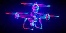 Flying Drone With An Aerial Photo Or Action Video Camera. Outline Vector Quadrocopter Wireframe In A Fluorescent Neon Line Art Style. 3D Abstract Illustration On A Dark Blue Background