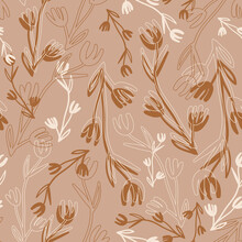 Vector Drawn Beige Brown Floral Seamless Pattern