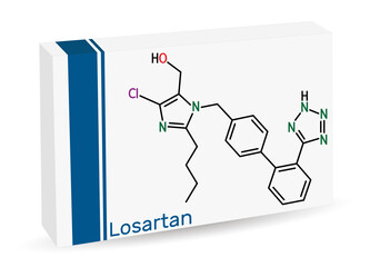 Sticker - Losartan molecule. It is drug, used to treat hypertension, diabetic kidney disease, heart failure. Skeletal chemical formula. Paper packaging for drugs