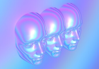 Sticker - Surreal 3d illustration of multiple faces in a wall. Concept of post-human and transhumanism ideas.