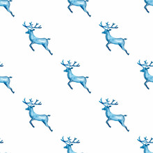 Reindeer XMAS Watercolor Deer Stag Eamless Pattern In Blue Color. Hand Painted Animal Moose Background Or Wallpaper For Ornament, Wrapping Or Christmas Gift