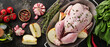 Whole raw chicken with ingredients for making rose pepper, lemon, thyme, garlic, cherry tomato, sorrel, with apples and salt on light grey slate, stone or concrete background. Top view with copy space