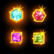 Game gemstone vector icon, cartoon UI diamond crystal button, treasure jewel gold assets set. User interface shining object kit, blue, purple crystal, red shiny hexagon. Mobile app game gemstones
