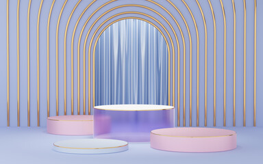Wall Mural - Purple, pink, silver cylinder podium with gold border on blue arch and curtain background. Abstract minimal studio 3d geometric shape object. Mockup space for display of product design. 3d rendering.
