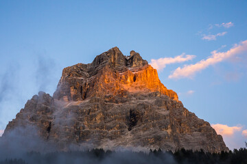 sunset in dolomites mountains, alps, northern italy