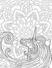Unicorn Looking Back On A Flower Background With Flowers Over Mane Line Drawing. Mythical Horned Horse Looks Behind Blooming Backdrop Coloring Book Page.