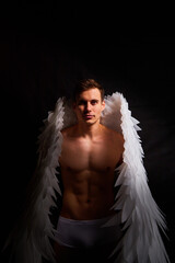 Handsome young athletic man with a bare torso who looks like an angel with white wings. Model dancer posing in a dark studio on black background