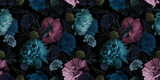 Fototapeta Kwiaty - Floral seamless pattern. Multicolored flowers peonies on a black background.
