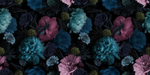 Floral Seamless Pattern. Multicolored Flowers Peonies On A Black Background.