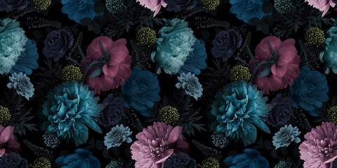 floral seamless pattern. multicolored flowers peonies on a black background.