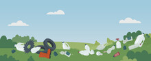Dump Garbage Trash On Green Grass Meadow Vector Illustration. Cartoon Nature Pollution, Landscape Polluted With Plastic Bottle Packaging, Car Tires, Broken Shoes Light Bulbs And Cans Background