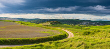 Unique Green Landscape In Tuscany, Italy. Dramatic Sunset Sky, Dirt Road Crossing Cultivated Hill Range And Cereal Crop Fields.